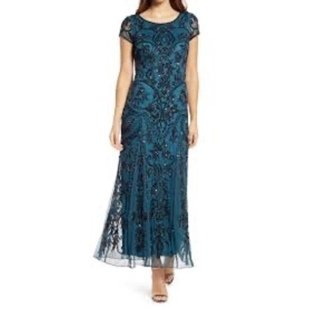 NWT Pisarro Nights Teal Beaded Sequin Gown Dress size 2 Formal Maxi